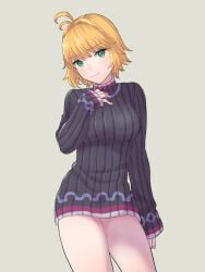 blonde_hair chomo_(engawaparty) fiora_(xenoblade) green_eyes short_hair sweater sweater_only tagme wearing_partner's_clothes xenoblade_(series) xenoblade_chronicles