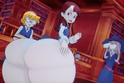 3d 3girls akko_kagari ass_bigger_than_body ass_bigger_than_head ass_expansion background big_ass big_butt blonde_hair bottom_heavy brown_hair clothed glasses little_witch_academia long_hair lotte_yansson luna_nova_school_uniform moyashisunday purple_hair red_eyes short_hair sucy_manbavaran witch