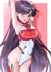 :d absurdres arched_back arion_canvas armored_leotard armpits arms_up bishoujo_senshi_sailor_moon black_hair breasts circlet clothing covered_navel cowboy_shot earrings female gloves highleg highleg_leotard highres jewelry leotard long_hair looking_at_viewer open_mouth purple_eyes red_gloves red_lips rei_hino sailor_mars small_breasts smile solo standing star_(symbol) star_earrings taimanin_(series) taimanin_suit thigh_gap very_long_hair white_leotard