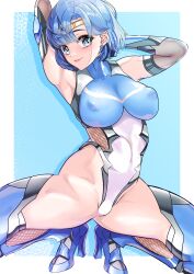 absurdres ami_mizuno arion_canvas armpits arms_behind_head bishoujo_senshi_sailor_moon blue_eyes blue_hair blue_leotard blue_thighhighs bow breasts circlet clothing covered_nipples earrings elbow_gloves female gloves high_heels highleg highleg_leotard highres jewelry leotard medium_breasts revision sailor_mercury short_hair solo split spread_legs stockings stud_earrings taimanin_(series) taimanin_suit thighhighs