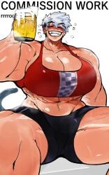 1girls abs absurd_res beer beer_foam beer_mug big_arms big_breasts blush bra breasts broad_shoulders drunk drunk_bubble ear_piercing earrings female female_focus female_only grin grinning_at_viewer holding_mug huge_breasts looking_at_viewer massive_breasts mug muscular muscular_arms muscular_female pierced_ears red_eyes rrrroch1 shiny_skin short_hair shorts solo solo_female solo_focus spats sports_bra tail tomboy white_hair