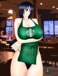 akinama_family_(noir-black-shooter) apron_only big_breasts dark_blue_hair female huge_breasts i_mean_breast_milk naoki_akinama_(noir-black-shooter) noir-black-shooter original original_character purple_eyes starbucks starbucks_siren