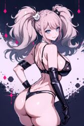 ai_generated alternate_costume ass bangs bare_shoulders bear_hair_ornament black_bra black_gloves black_panties blue_eyes blush bra breasts closed covered_nipples cowboy_shot danganronpa danganronpa_2:_goodbye_despair elbow_gloves female from_behind gloves hair_ornament hand_on_hip huge_ass huge_breasts junko_enoshima large_breasts latex long_hair looking_at_viewer looking_back mouth multicolored_background panties shiny shiny_clothes shiny_hair shiny_skin sideboob smile solo thong twintails underwear