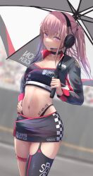 1girls belly belly_button black_skirt black_top closed_mouth female girls'_frontline hand_on_hip headset miniskirt open_eyes purple_eyes silver_bullet silver_bullet_(ecc12_8) st_ar-15_(girls'_frontline) umbrella