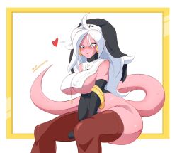 1girls 2021 android_21 android_21_(good) armwear big_breasts blue_eyes blush brown_stockings dragon_ball dragon_ball_fighterz earrings erect_nipples_under_clothes female female_only heart hi_res long_hair lunaexhabbitix majin majin_android_21 nipple_bulge nun nun_hat nun_outfit pink_skin sitting solo stockings tail thick_thighs white_hair