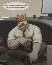 after_blowjob after_oral anthro balls bara barazoku big_balls big_penis bulge canine clothing crossed_legs cum cum_on_face fully_clothed furry kenkudog male male_only muscles muscular penis sitting solo solo_male speech_bubble