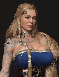 1girls 3d aesir_(norse_mythology) alf3d arm_tattoo beauty_mark big_breasts blonde_hair blue_dress blue_eyes braided_hair breasts bust busty chest chest_tattoo cleavage corset curvaceous curvy curvy_figure deity dress eyelashes eyes female front_view god god_of_war god_of_war_ragnarok goddess hair head_jewelry huge_breasts jewelry large_breasts light-skinned_female light_skin lips long_hair mature mature_female milf mole_under_eye mother muscular mythology neck_tattoo norse_mythology norse_runes santa_monica_studio shoulder_tattoo sif_(god_of_war) solo sony_corporation sony_interactive_entertainment tattoo tattoo_on_arm tattoo_on_chest tattoo_on_neck tattoo_on_shoulder tattooed_arm tattoos thick tribal_tattoo upper_body very_long_hair voluptuous voluptuous_female