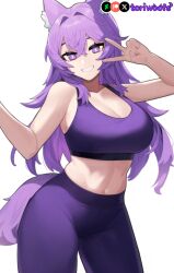 1girls :d ai_generated breasts cleavage curvy cute dog_ears dog_girl doggirl female female_only highres hips huge_breasts kemonomimi light_skin light_skinned_female long_hair patreon_username peace_sign petgirl petite pose posing purple_ears purple_eyes purple_hair purple_tail smile sports_bra standing thick_thighs thighs tori toriwoofs watermark white_background wide_hips wolf_ears yoga_pants