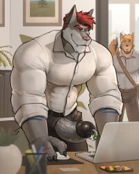 anthro balls bara barazoku big_balls big_penis boner canine clothing erection furry kenkudog laptop male male_only muscles muscular penis penis_out penis_piercing penis_through_fly precum prince_albert_piercing