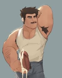 armpit_hair balls bara big_balls big_penis boner clothing cum cum_on_penis erection facial_hair frank_(kenkudog) hand_behind_head kenkudog male male_only moustache muscles muscular penis penis_out solo solo_male