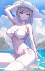 1girls arm_up armpits bare_arms bare_shoulders beach bikini blue_eyes blue_sky blush breasts choker cleavage collarbone front-tie_bikini_top front-tie_top grey_hair halterneck hat highres kfr large_breasts long_hair looking_at_viewer navel original shore side-tie_bikini_bottom skindentation sky smile solo stomach string_bikini sun_hat swimsuit thigh_strap thighs very_long_hair water wet white_bikini white_choker white_hat