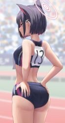 1girl 1girls after-school_sweets_club_(blue_archive) black_hair black_top blue_archive cat_ears cat_girl closed_mouth hand_on_hip kazusa_(blue_archive) nekomimi open_eyes pink_eyes silver_bullet silver_bullet_(ecc12_8) sports_bra sportswear trinity_general_school_student