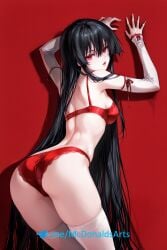 1girl 1girls ai_generated akame_(akame_ga_kill!) akame_ga_kill! ass black_hair breasts commentary_request female female_focus female_only hourglass_figure long_hair panties red_bra red_eyes red_panties stockings twintails very_long_hair wet zelanell