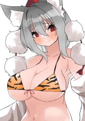 absurdres animal_ears animal_print armpits bangs bare_shoulders bikini breasts cleavage closed_mouth female grey_hair highres large_breasts looking_at_viewer momiji_inubashiri navel orange_bikini red_eyes red_headwear regua simple_background solo swimsuit tiger_print touhou white_background white_sleeves wolf_ears wolf_girl