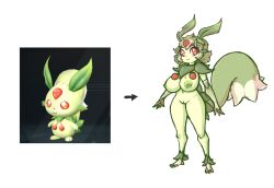 1girls 2d anthro belly_button big_breasts breasts carnivate female female_focus female_only green_body green_hair green_nipples green_skin lifmunk long_eyelashes looking_at_viewer nipples nude nude_female orange_eyes pal_(species) palworld pussy smile solo solo_female standing tail