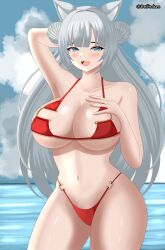 1girls animal_ears arm_behind_head belfedium big_breasts blush cleavage clouds day female female_focus female_only front_view grey_eyes grey_hair hand_on_breast highres huge_breasts indie_virtual_youtuber light-skinned_female light_skin long_hair looking_at_viewer natsuri_nekoto ocean open_mouth red_bikini smiling smiling_at_viewer standing standing_in_water summer swimsuit thong thong_bikini virtual_youtuber voluptuous voluptuous_female vtuber vtuberfanart water