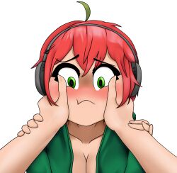 1girls blush cheek_squish cleavage collarbone confusion eyebrows_visible_through_hair greatcorn_(artist) green_eyes green_jacket hair_between_eyes hands_on_another's_face head_grab headphones looking_at_viewer nose_blush open_clothes original_character pout red_hair short_hair vebra wide-eyed