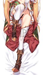 armor armored_boots armored_dress bed_sheet blonde_hair boots clothes_pull cropped dakimakura_(medium) elf groin_tendon highres kink_(tortoiseshell) leg_up lolibaba original pointy_ears pulled_by_self sample_watermark simple_background skirt skirt_pull thighhighs towako_(akane_shinsha) twintails watermark white_thighhighs young