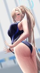 1girl 1girls asuna_(blue_archive) blonde_hair blue_archive blue_suit cleaning_&_clearing_(blue_archive) cyan_eyes female long_hair millennium_science_school_student silver_bullet_(ecc12_8) smile smiling smiling_at_viewer sweat sweating sweaty_body swimsuit wet_body wet_skin