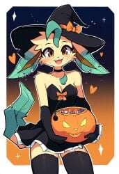 ai_generated anthro candy_bucket eeveelution female female_only freckles freckles_on_face halloween leafeon nai_diffusion nintendo novelai pokemon_(species) self_upload weedvee420 witch_hat