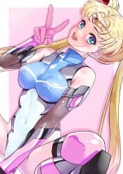 absurdres alternate_costume arion_canvas bare_shoulders bishoujo_senshi_sailor_moon blonde_hair blue_eyes blue_leotard breasts circlet clothing covered_navel covered_nipples crescent crescent_earrings double_bun earrings elbow_gloves female gloves hair_bun highres impossible_clothes jewelry leotard lips long_hair open_mouth parted_bangs pink_gloves pink_thighhighs revision sailor_moon skin_tight small_breasts smile solo spread_legs squatting stockings taimanin_(series) taimanin_suit thighhighs twintails two-tone_leotard usagi_tsukino very_long_hair white_leotard