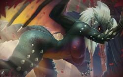 bent_over colored_sclera colored_skin dragon_girl dragon_horns dragon_tail dragon_wings female from_side green_skin grey_hair horns long_hair looking_at_viewer monster_hunter:_world monster_hunter_(series) nergigante nipples orange_sclera orange_skin purple_skin signature slit_pupils solo spikes tail themaestronoob wings yellow_eyes