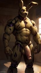 1boy ai_generated anthro balls erection five_nights_at_freddy's fnaf humanoid looking_at_viewer male male_only nude penis rabbit solo solo_focus springtrap springtrap_(fnaf)