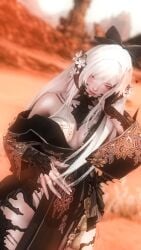 au_ra final_fantasy final_fantasy_xiv flower light-skinned_female light_skin lizard long_hair looking_at_viewer red_eyes ribbon saki_xiv scales seductive seductive_eyes seductive_gaze seductive_look seductive_pose seductive_smile tattoo white_hair yukata