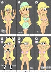 1girls big_areola big_breasts blonde_hair colored comic cow_bikini cow_horns cow_print english_text leni_loud nipples nude nude_female otakon page_2 pose swimsuit the_loud_house third-party_edit