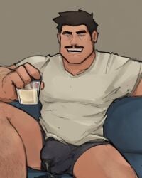 balls bara big_balls big_penis bulge drink facial_hair frank_(kenkudog) kenkudog male male_only moustache muscles muscular penis precum precum_through_clothing shirt sitting solo solo_male spread_legs underwear