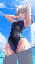 1girls abydos_high_school_student armpits blue_archive closed_mouth female foreclosure_task_force_(blue_archive) grey_hair handband heterochromatic_pupils in_water looking_at_viewer one-piece_swimsuit open_eyes sea shiroko_(blue_archive) shiroko_(swimsuit)_(blue_archive) silver_bullet_(ecc12_8) swimsuit swimwear wet wet_body wet_skin wolf_ears