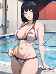 1girls ai_generated big_breasts bikini black_hair boruto:_naruto_next_generations curvy female hi_res highres hyuuga_hinata indoor_pool milf mommy naruto pixai pool short_hair smile water white_eyes