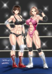 2girls abs atlus brown_hair haru_okumura makoto_niijima multiple_girls muscular muscular_female persona persona_5 short_hair tagme teaindian wrestling_outfit wrestling_ring