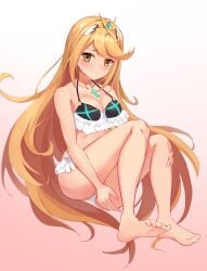 1girls bikini bikini_skirt black_bikini black_swimsuit blonde_hair breasts core_crystal kiiro_kimi large_breasts long_hair looking_at_viewer midriff mythra nintendo shy swimsuit swimsuit_skirt tiara xenoblade_(series) xenoblade_chronicles_2 yellow_eyes