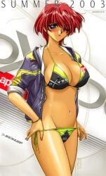 1girls bikini blue_eyes blue_jacket bracelet breasts earrings jacket large_breasts looking_at_viewer midriff moto_gp navel open_jacket original r1 race_queen red_hair short_hair side-tie_bikini swimsuit yellow_bikini yellow_swimsuit