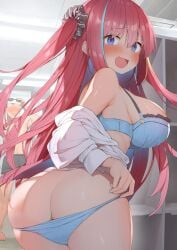 1girls ass b-ginga blue_bra blue_eyes blue_panties blush bra breasts clothing female heart heart-shaped_pupils highres hypnosis legs_together long_hair matching_underwear mind_control naughty_face non-web_source open_mouth original panties panties_down red_hair smile symbol-shaped_pupils underwear wide_hips