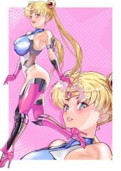 absurdres arion_canvas ass bare_shoulders bishoujo_senshi_sailor_moon blonde_hair blue_eyes clothing covered_nipples crossover double_bun earrings elbow_gloves female gloves hair_bun high_heel_boots high_heels highres jewelry leotard long_hair medium_breasts pink_background sailor_moon solo stockings taimanin_(series) taimanin_suit thighhighs twintails usagi_tsukino