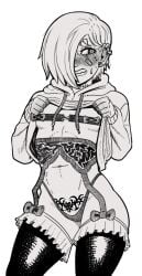 bangs_over_eyes black_and_white garter_belt garter_straps hoodie hoodie_lift incinerated_art lifting_clothing one_eye_covered one_eye_obstructed original_character pierced_ears piercing piercings pubic_tattoo sharp_teeth small_breasts succubus_tattoo tattoo thigh_highs thighhighs thighs thong