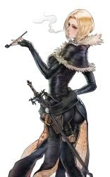 ass benedikta_harman big_ass blonde_hair bob_cut final_fantasy final_fantasy_xvi gloves latex_gloves latex_suit long_sleeves looking_at_viewer magion02 short_hair skinsuit slim_waist smoking thick_thighs three-quarter_view tight_clothing wide_hips