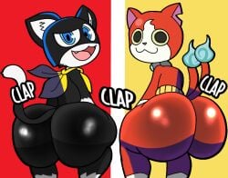 :3 anthro ass big_ass black_body blue_eyes bubble_butt clapping_cheeks collar crossover felid feline femboy furry furu_flami huge_ass jibanyan looking_at_viewer looking_back male_only morgana_(persona) persona persona_(series) persona_5 red_body skinny squatting thick_thighs twerking two_tone_tail wide_hips yo-kai_watch