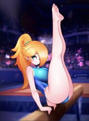 1girls 2020s 2024 big_breasts blonde_hair blue_eyes breasts feet female female_only fully_clothed gymnastics hair_over_one_eye jaxartdump legs legs_up long_hair mario_(series) mario_and_sonic_at_the_olympic_games nintendo patreon_username ponytail princess_rosalina revealing_clothes smile solo tight_clothing