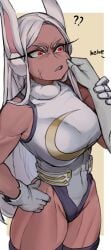 1girls abs angry_face bare_arms bare_shoulders bare_thighs big_breasts bunny_ears bunny_girl clothed clothing color dark-skinned_female dark_skin female female_focus female_only gloves hero_outfit_(mha) hi_res large_breasts long_hair looking_at_another miruko muscles muscular muscular_female my_hero_academia pinch pinching_cheeks red_eyes rumi_usagiyama solo solo_female soolee040995 superheroine thick_thighs white_hair