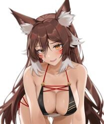 1girls all_fours bare_shoulders bare_thighs bikini black_bikini black_bikini_top black_string_bikini black_swimsuit black_swimwear breasts breasts brown_hair choker cleavage collarbone ei1han female female_focus female_only fox_ears fox_girl fox_tail groin hourglass_figure large_breasts light_skin long_hair looking_at_viewer medium_breasts orange_eyes original original_character shiny_skin shoulders simple_background slender_body slender_waist slim_girl slim_waist smile smiling string_bikini swimsuit thick_thighs thighs thin_waist white_background white_bikini_bottom white_hair