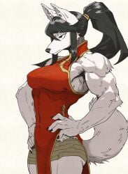 anthro black_hair chinese_clothes chinese_dress ponytail quququl solo solo_female tagme wolf wolf_ears wolf_girl wolf_tail