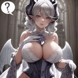 ai_generated armored_dress cleavage demon demon_girl duel_monster female hand_on_breast horns huge_breasts labrynth_of_the_silver_castle large_breasts looking_at_viewer lovely_labrynth_of_the_silver_castle ponzuaji white_dress white_hair wings yu-gi-oh!