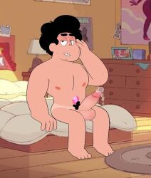 bedroom bedroom_background big_balls big_penis black_hair curly_hair dripping dripping_cum dripping_penis dripping_precum dripping_semen fully_naked fully_nude fully_retracted_foreskin gem hand_on_head huge_balls huge_cock huge_testicles joeemillery light-skinned_male light_skin looking_at_viewer male_focus male_only messy_hair nipples pecs penis penis_out pubic_hair sitting sitting_on_bed smile smiling sole_male steven_quartz_universe steven_universe tan tan_body tan_skin tanline tanned tanned_body tanned_male tanned_skin toony uncut uncut_penis white_skin