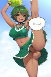 1futa ai_generated cheerleader cheerleader_uniform dark_skin dialogue erection erection_under_clothes futanari green_eyes green_hair leg_up midriff morgan_(xdk141) open_mouth patreon pom_poms skirt sky smiling solo_futa speech_bubble spiked_collar stable_diffusion upskirt xdk141