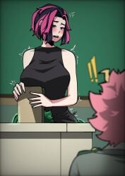 !! 1boy 2girls ashido_mina behind_desk big_breasts blush breasts classroom clothed_sex female green_bean green_hair huge_breasts izuku_midoriya kaina_tsutsumi lady_nagant looking_at_another mature_female midoriya_izuku mina_ashido multiple_girls my_hero_academia older_female oral pink_hair public teacher teacher_and_student teenager two_tone_hair under_the_table younger_male