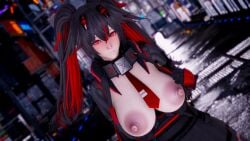 1girls 3d black_hair blush breast_grab exhibitionism large_breasts lucia_(punishing:_gray_raven) nipples outdoors pale_skin punishing:_gray_raven realistic red_eyes red_hair robot_girl robotic_arm solo twintails ヨミ