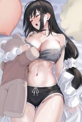 1girls bare_shoulders black_hair black_shorts blush breasts choker cleavage closed_eyes collarbone commentary_request dolphin_shorts grey_sports_bra highres kfr large_breasts long_hair lying navel off_shoulder on_back open_mouth original short_shorts shorts sleeping solo sports_bra strap_slip stuffed_animal stuffed_toy teddy_bear thighs underwear